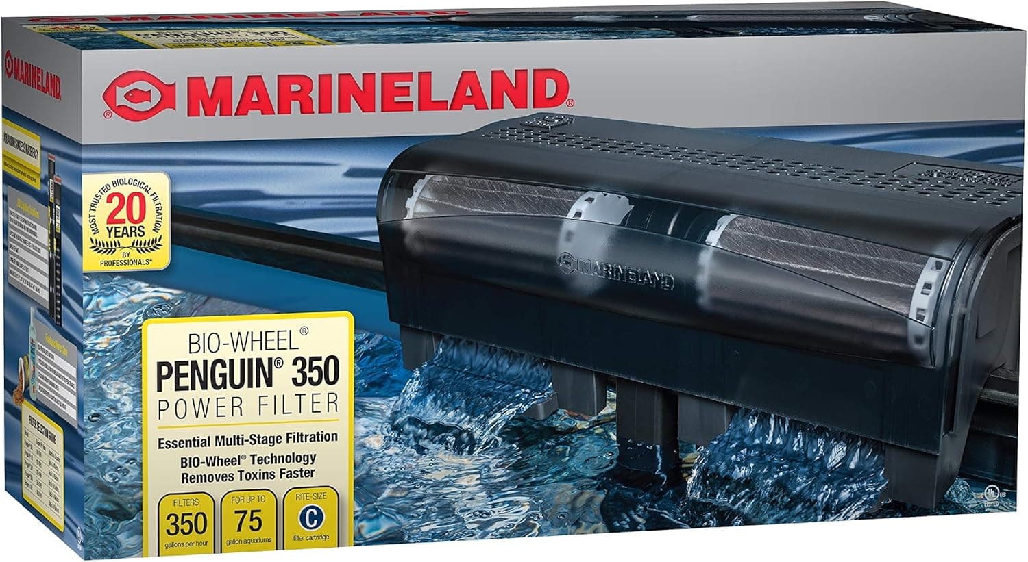 Marineland Bio-Wheel Penguin 350 GPH Power Filter, Hang-On-Back, Up to 60 Gallons