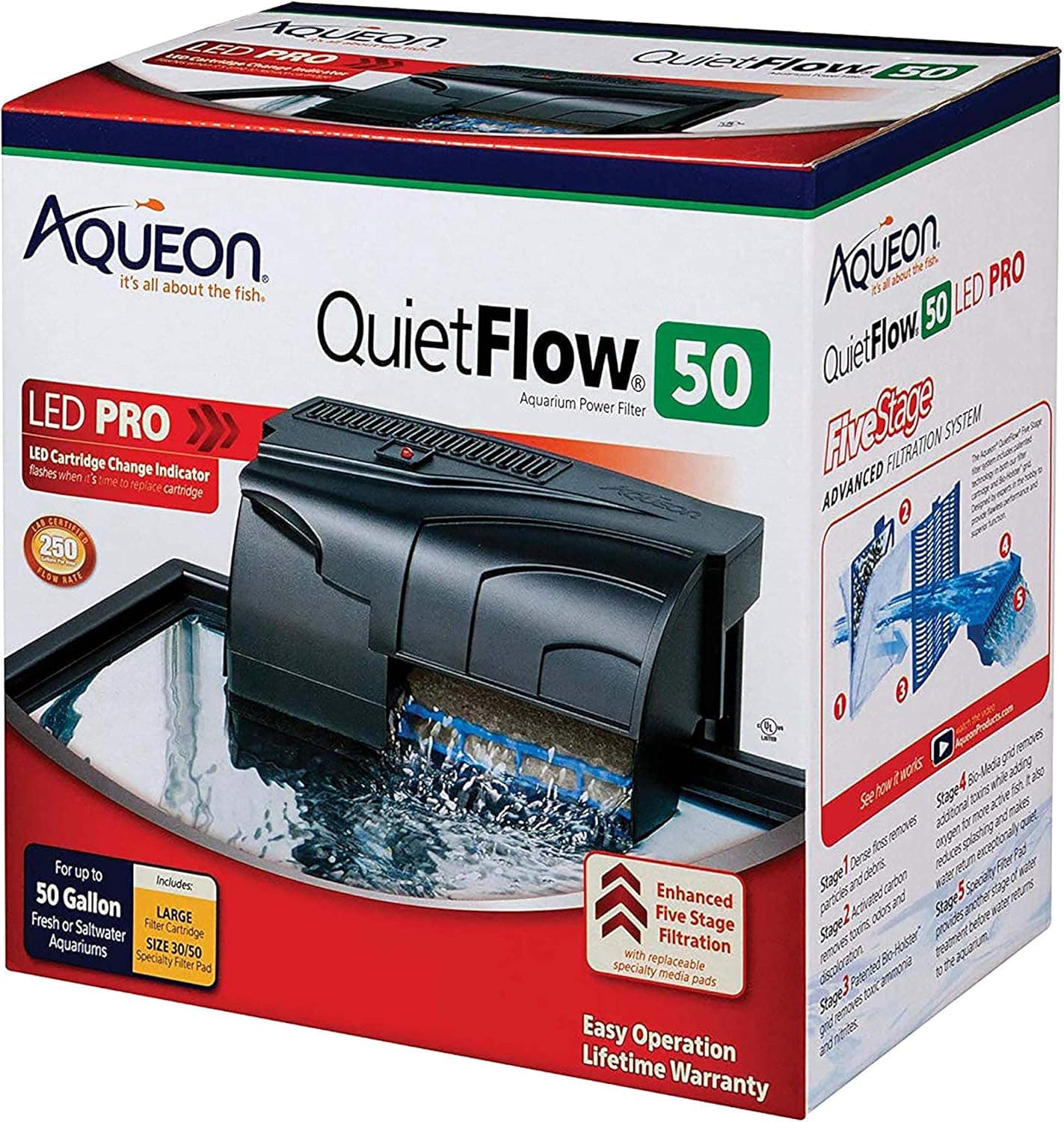 Aqueon QuietFlow 50 LED PRO Aquarium Power Filter, Up To 50 Gallon