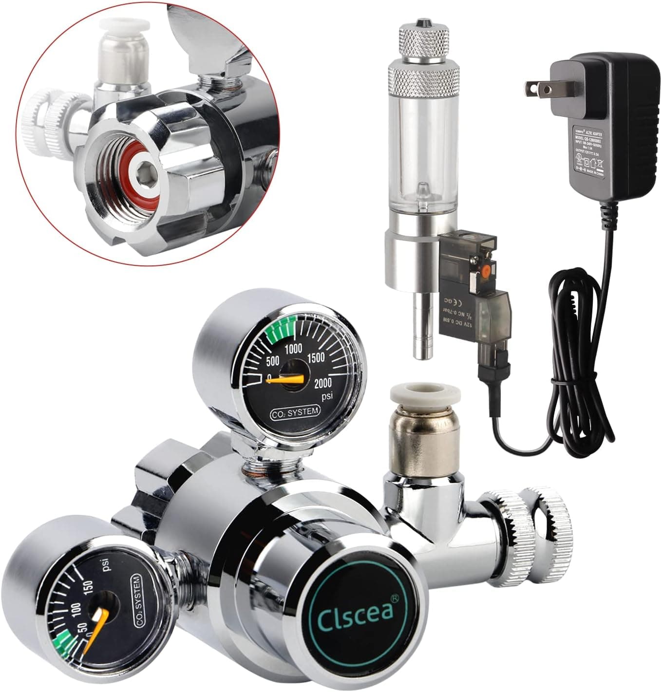 Clscea Aquarium CO2 Regulator Dual Pressure Gauge with Bubble Counter and Solenoid Valve