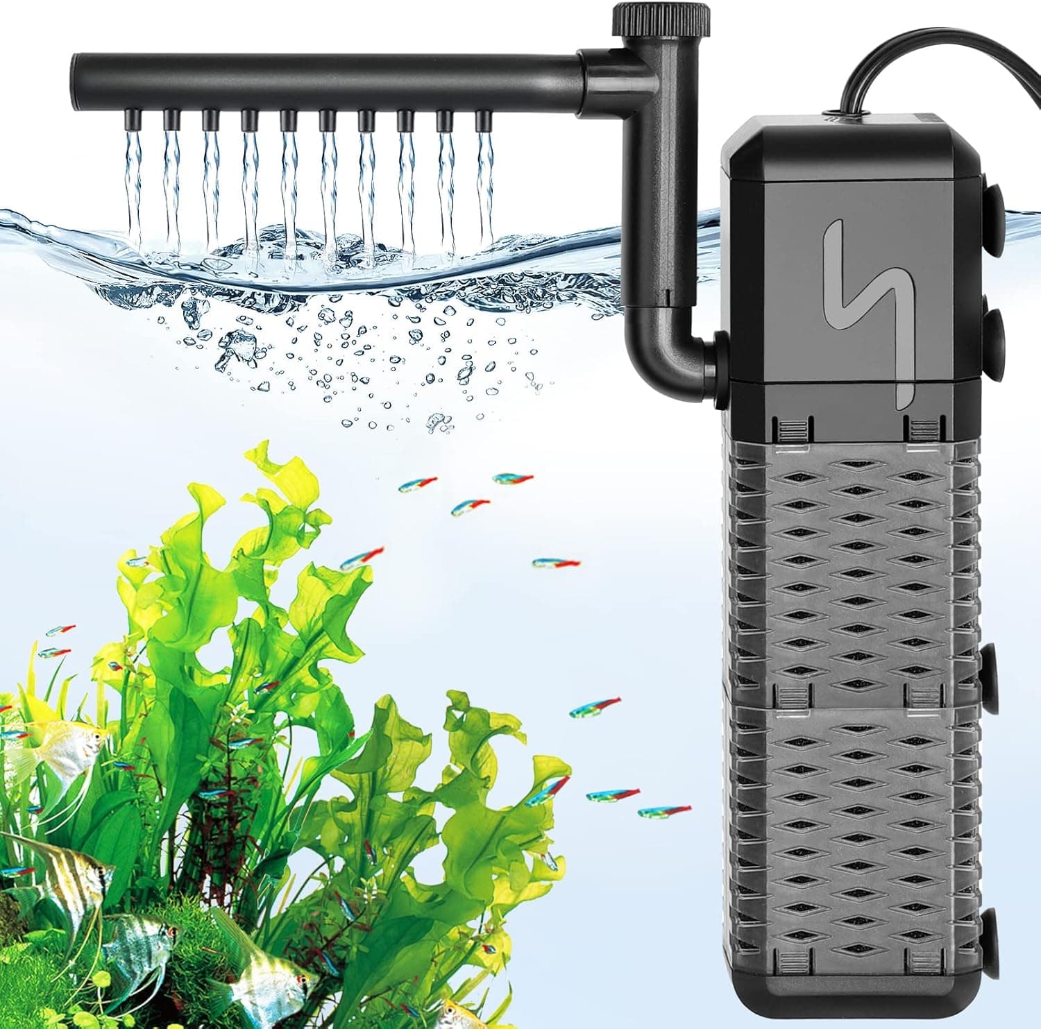 AQQA Aquarium Filter Submersible Power with Rainwater Aerator up to 70 Gallon (211GPH)