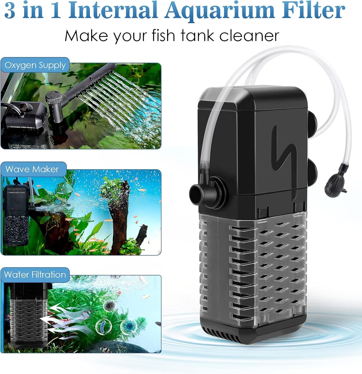 AQQA Aquarium Internal Filter Submersible for 20-52 Gallon, 158 GPH