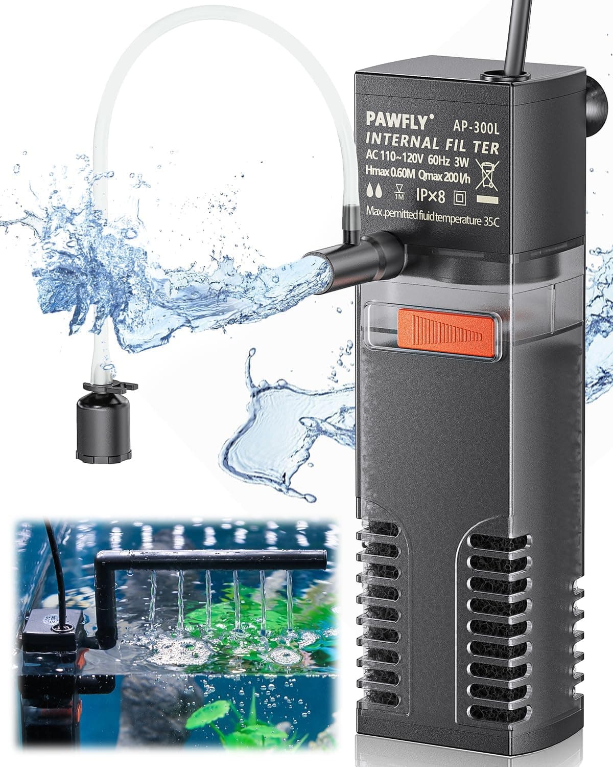 Pawfly Internal Aquarium Filter Submersible 55 GPH for 3 to 10 Gallon Tanks