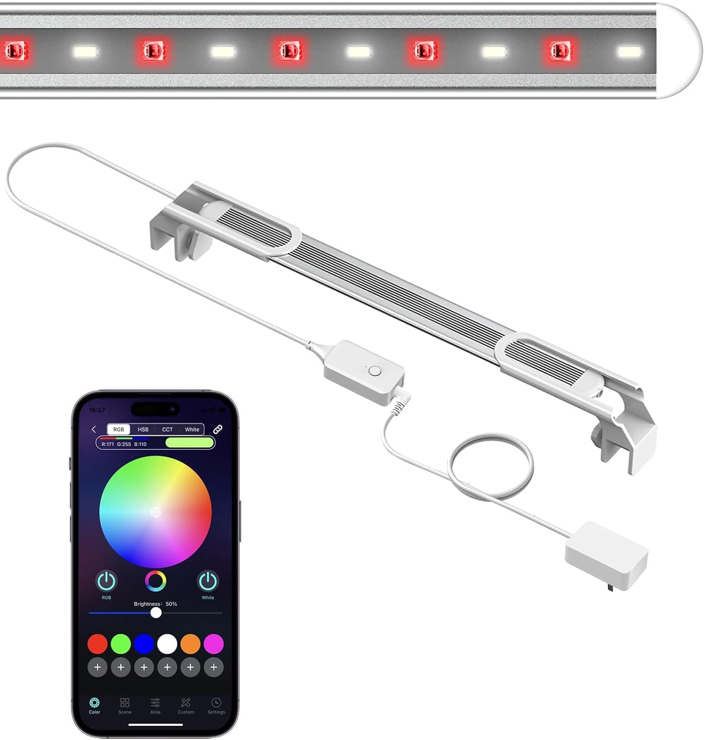 LED Aquarium Light WiFi with App Control, Customize RGB/HSB/CCT & White, Timing Control (Silver L1)