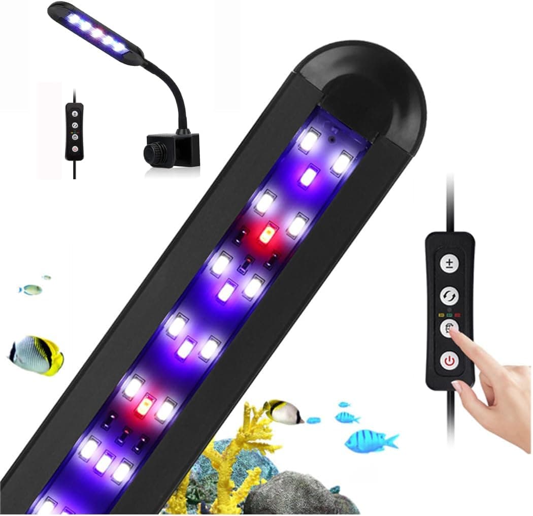 Nano Fish Tank Clip on Light with Timer LED Full-Spectrum, Gooseneck White+Red+Blue, 6W for 6-12inch
