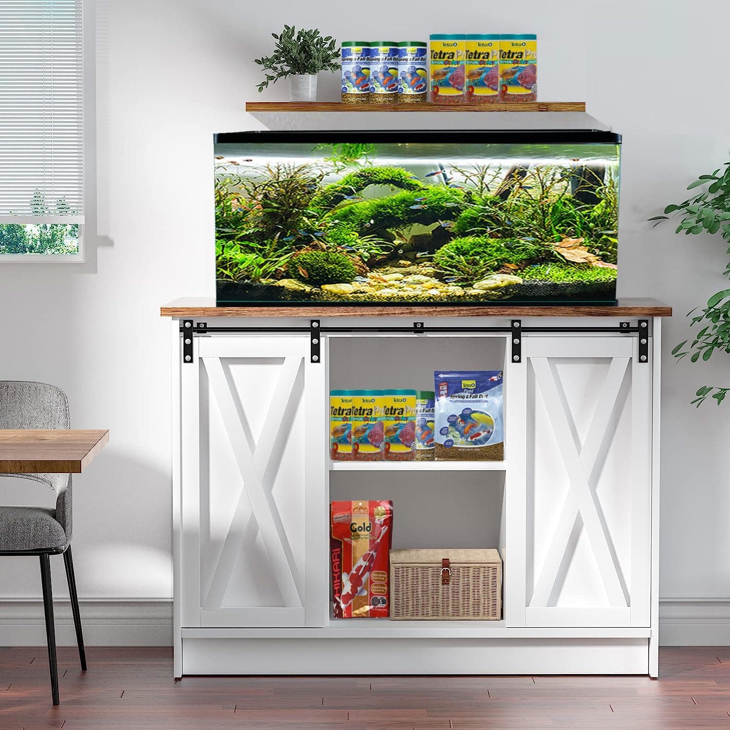 4 EVER WINNER 20-40 Gallon Fish Tank Stand Cabinet, Sliding Barn Doors, 700LBS White