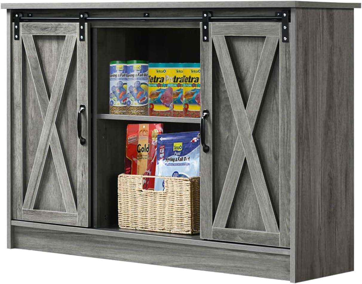 4 EVER WINNER Fish Tank Stand for 20-40 Gallon, Adjustable Shelves and Sliding Barn Doors, Grey