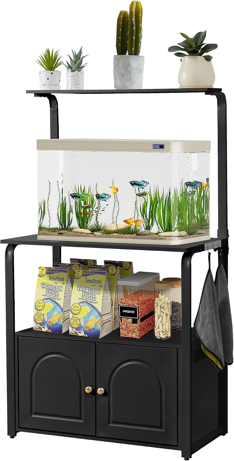 affeivul 40 Gallon Fish Tank Stand with Storage Cabinet, Power Outlets and LED Light, 458 LBS Black