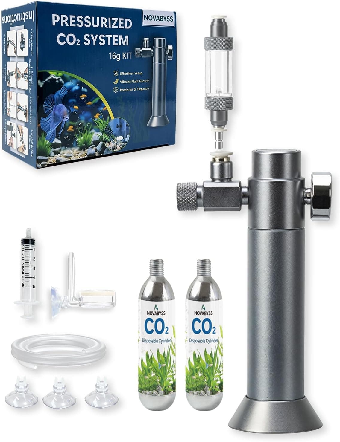 NovAbyss Aquarium CO2 Kit with Regulator 2x16g Cartridges for Nano Tanks